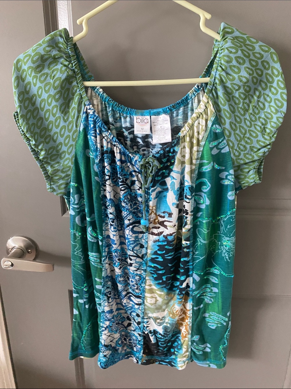 Bila Teal, Aqua & Green Mixed-Print Peasant Top